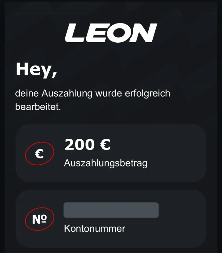Mail von LEON: Auszahlung erfolgreich bearbeitet, Auszahlungsbetrag 200 €